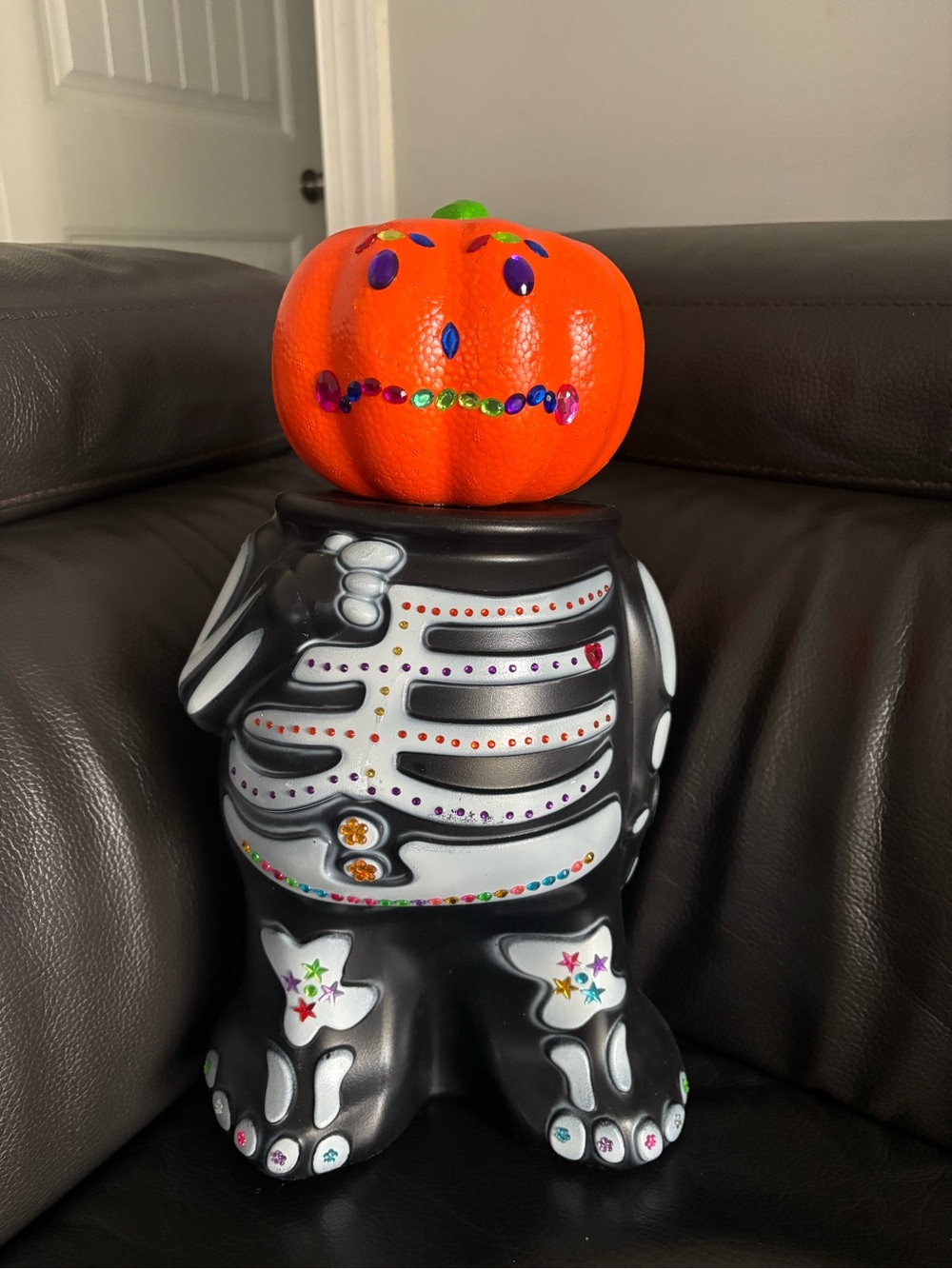Hand Crafted Halloween Pumpkin Skeleton Statue